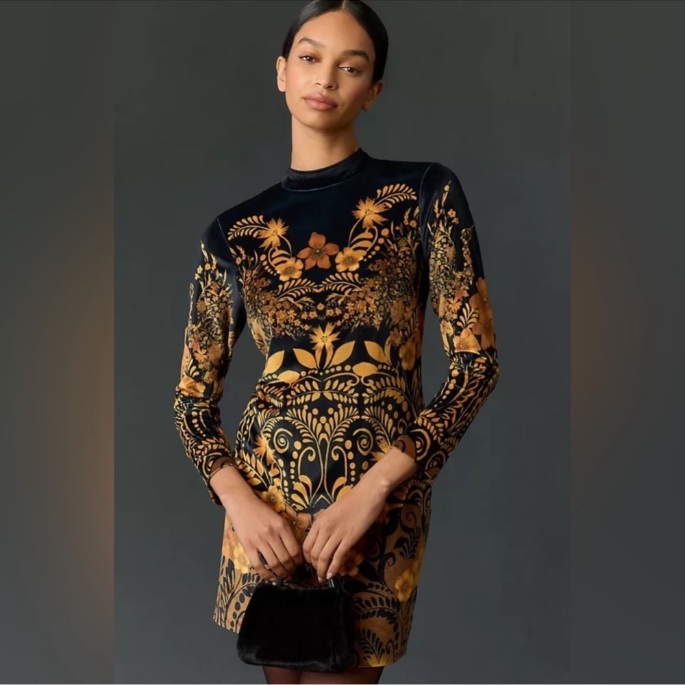 NWT Anthropologieโ Long-Sleeve Printed Velvet Mini Dress Size Small